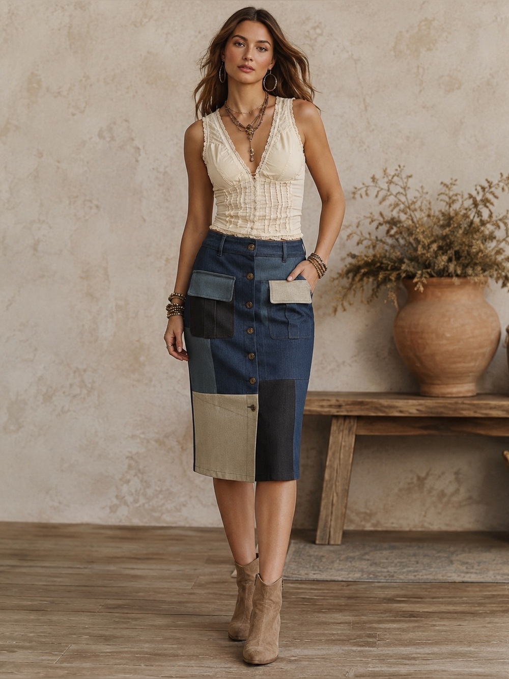 Boho Patchwork Button-Front Denim Midi Skirt in Blue and Tan Small